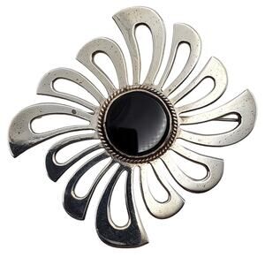 Taxco Sterling Silver Brooch Black Onyx Modernist Abstract Pin Mexican 925 Large